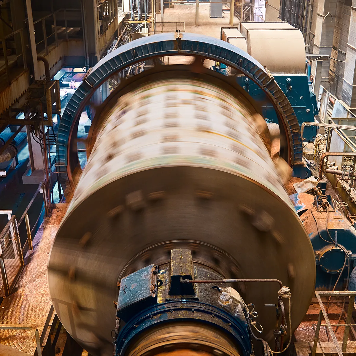 Operational ball mill with a harmonic mitigation solutions installed to reduce electrical disturbances and ensure the reliability of the critical equipment.