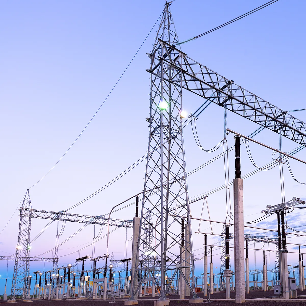 New Zealand utilities electrical substation at dusk.