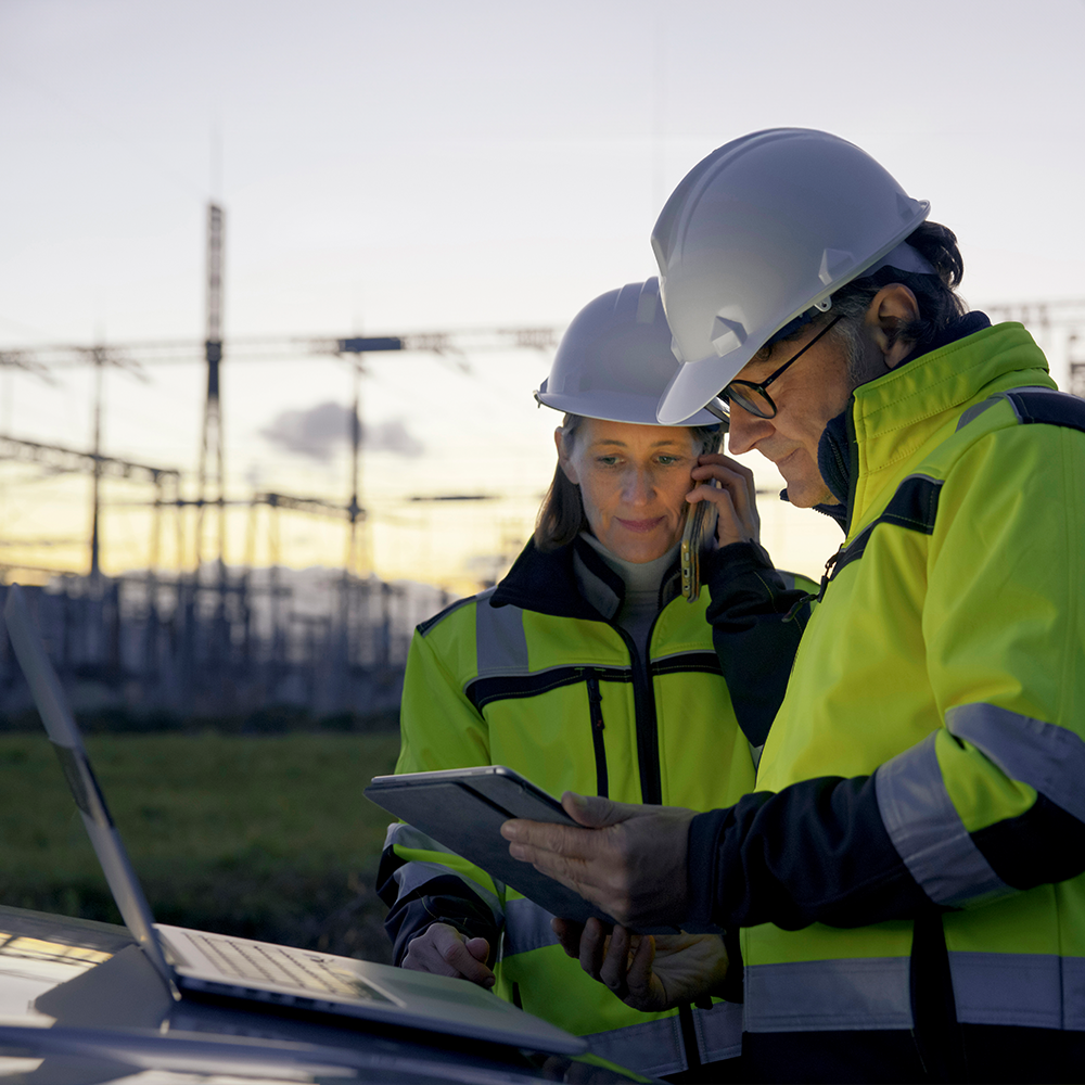 Engineers monitoring substation systems