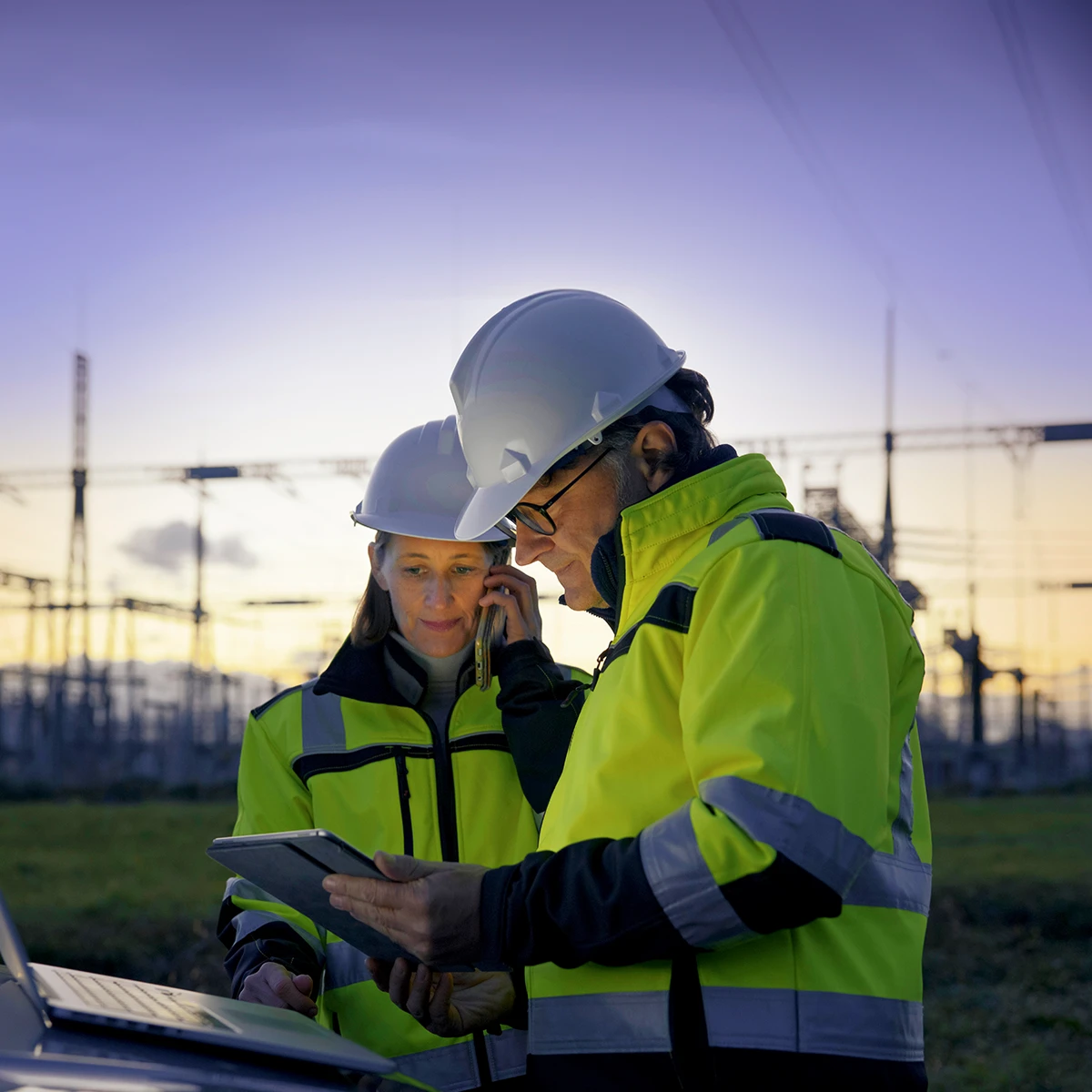 Two CSE WAF technicians consult a laptop while servicing a New Zealand utilities asset.