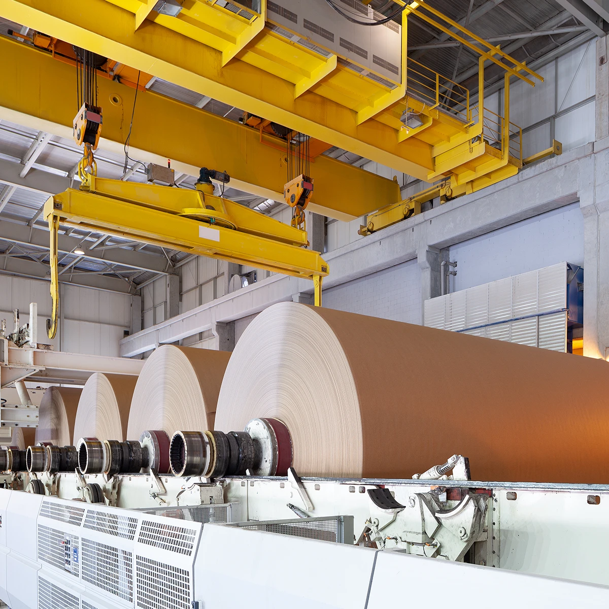 Rolls of paper go through a machine at a New Zealand Paper Mill Plant