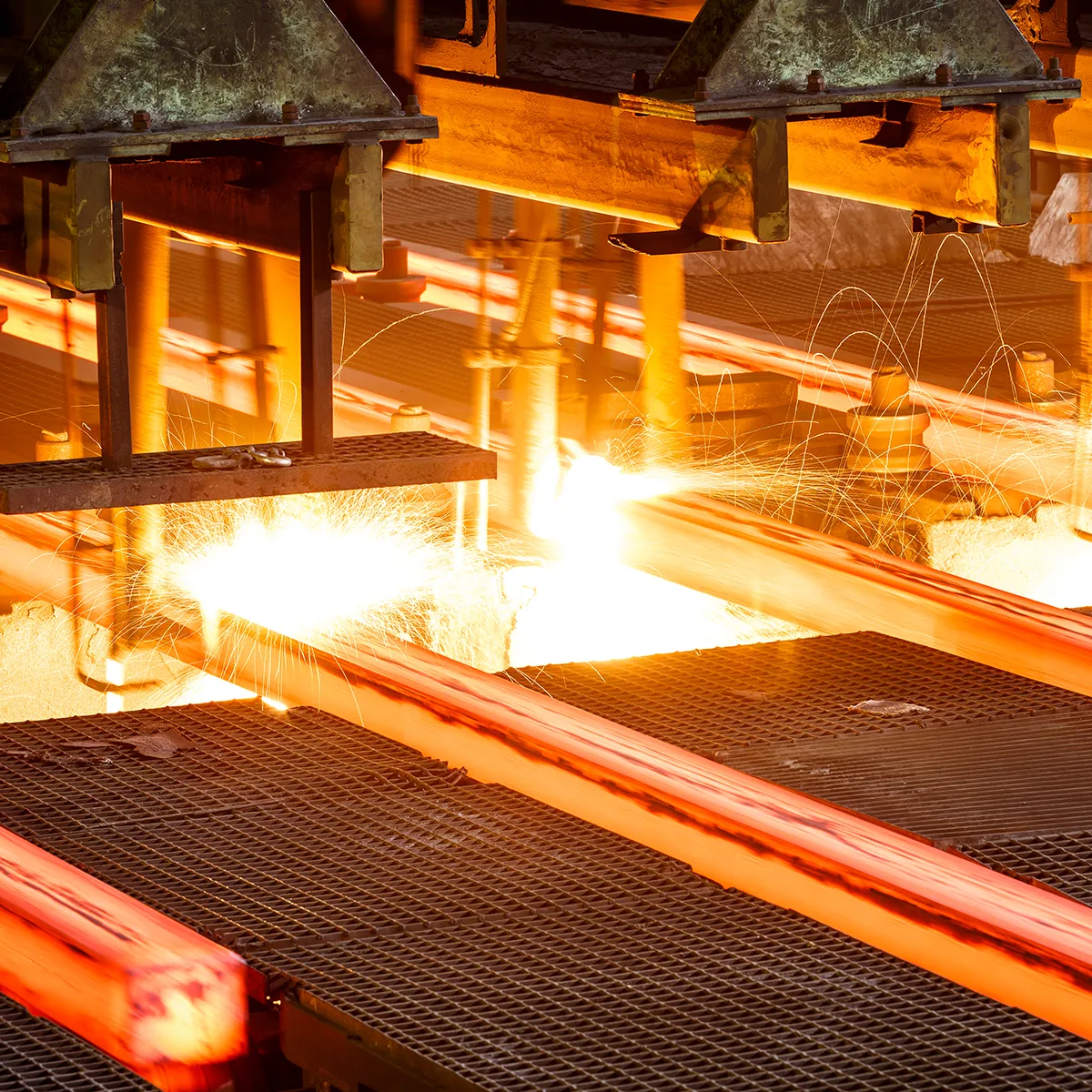 Automated manufacturing plant producing steel has a safety button installed in the case of an emergency.